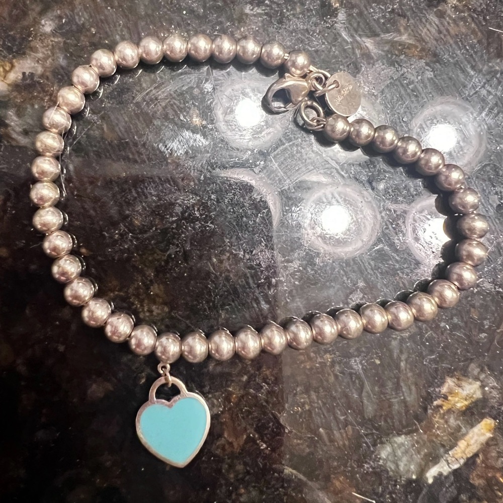 Tiffany & Co Return to Tiffany Mini Blue Heart Bead Bracelet Sterling Silver 7"